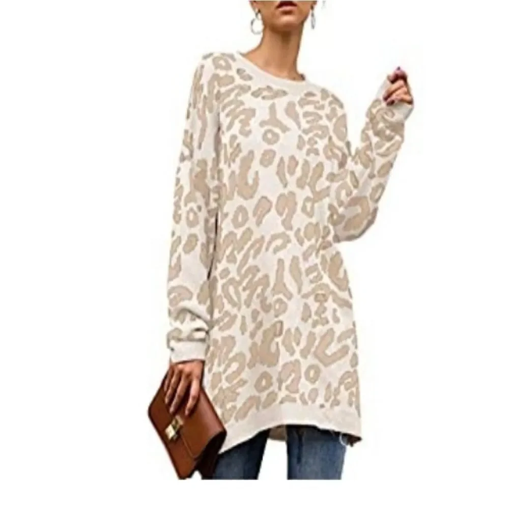 Vestidos Ladies  Khaki White Leopard Print Oversized  Crew Neck Sweater sz Med